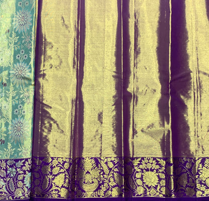 Pista Green Shade Pure Kanchipuram Kids Pattu Pavadai with Contrast Border for Newborn to 2 Years