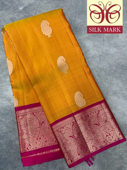 Pure Kanchipuram Silk Saree Mango Yellow Colour with Pink Border