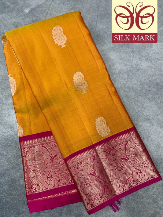 Pure Kanchipuram Silk Saree Mango Yellow Colour with Pink Border