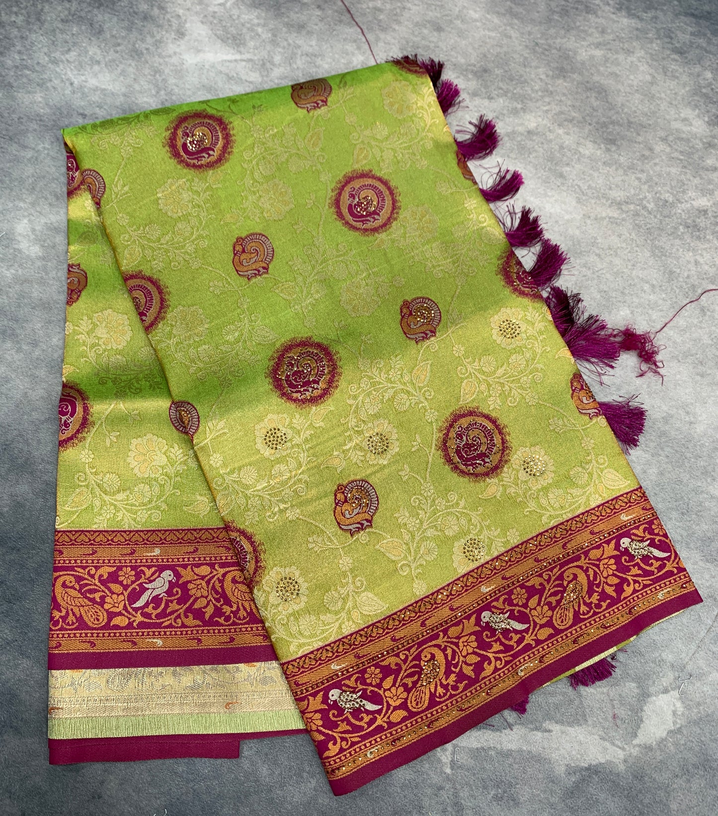 Fancy Tissue Saree Olive Green Colour with Magenta Border
