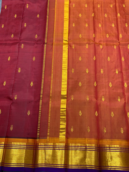Pure Kanchipuram Silk Saree Maroon Colour with Violet and Gold Zari Border