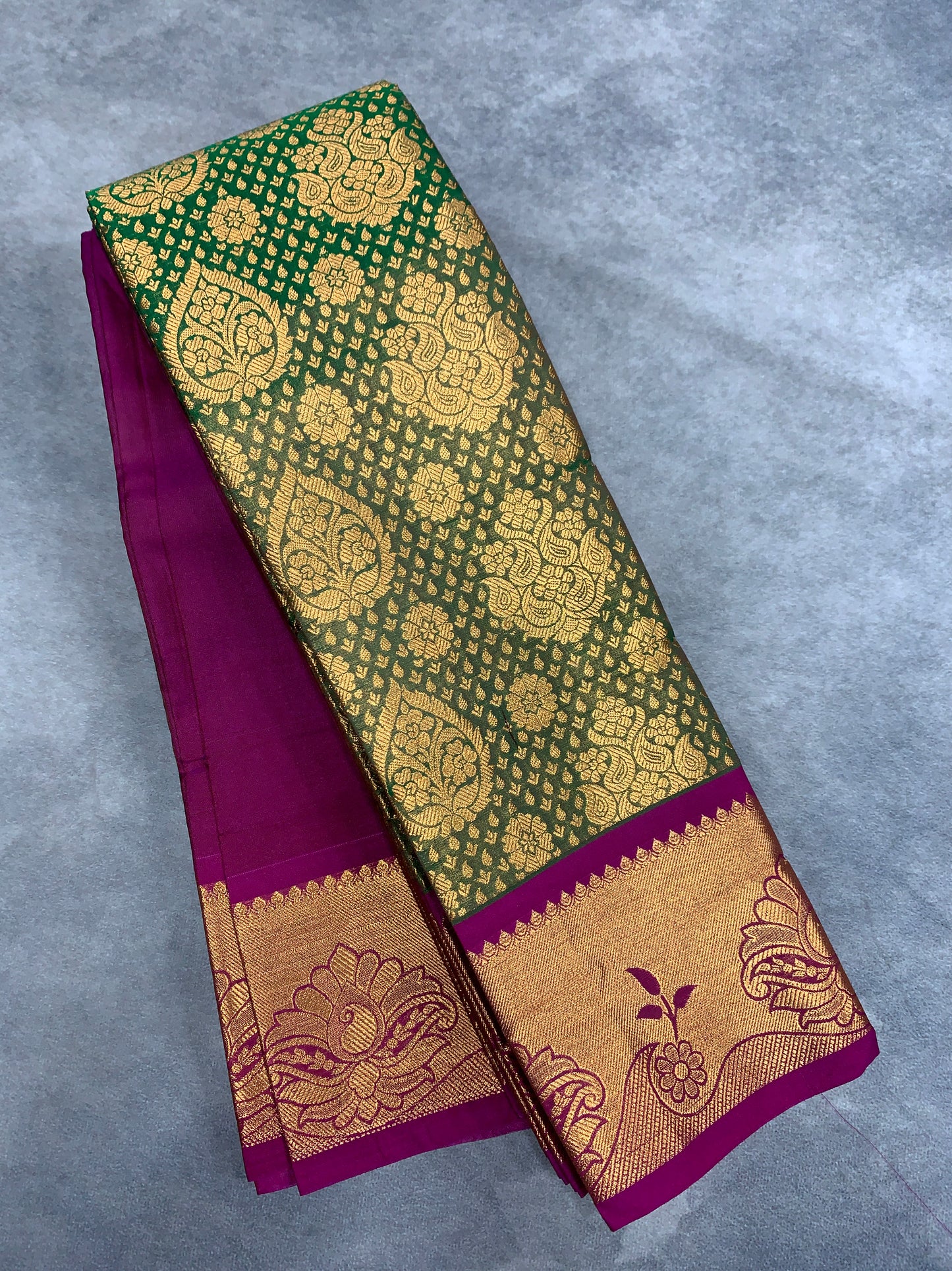 Vegan Silk Saree Olive Green Colour with Pink and Copper Border