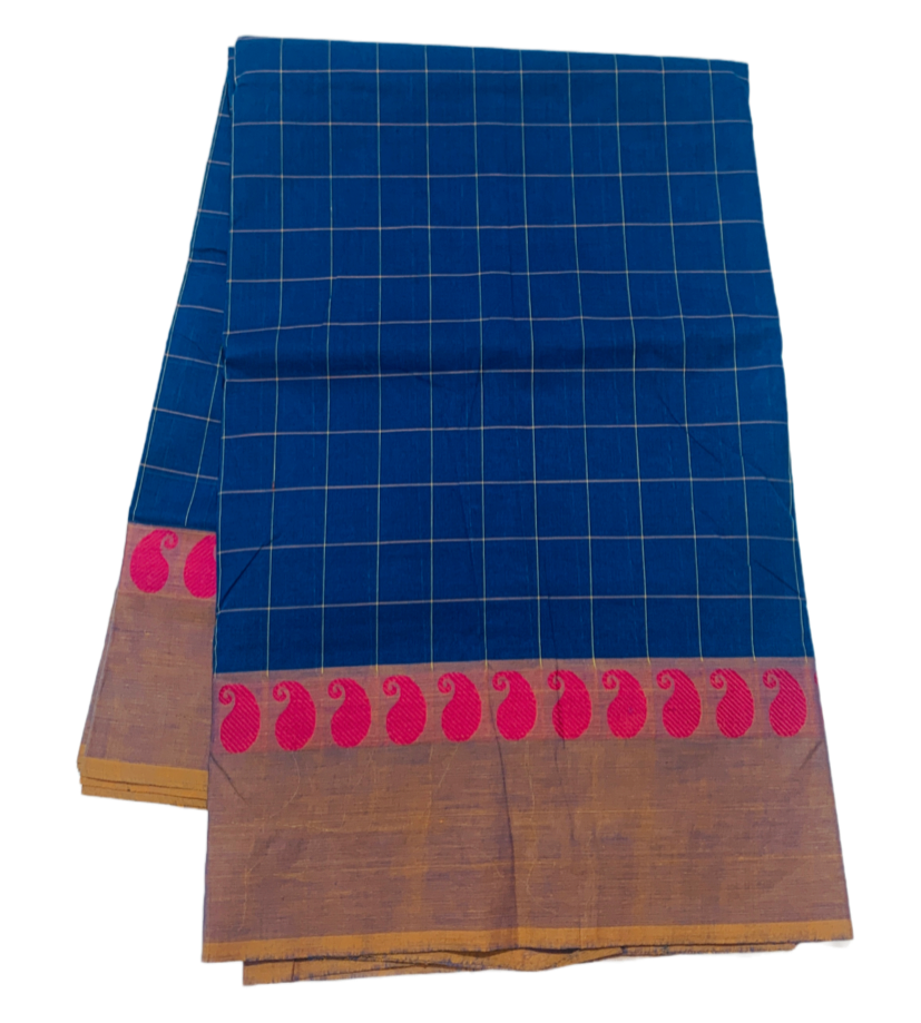 9 Yards Cotton Saree Blue Colour with Golden Yellow Border