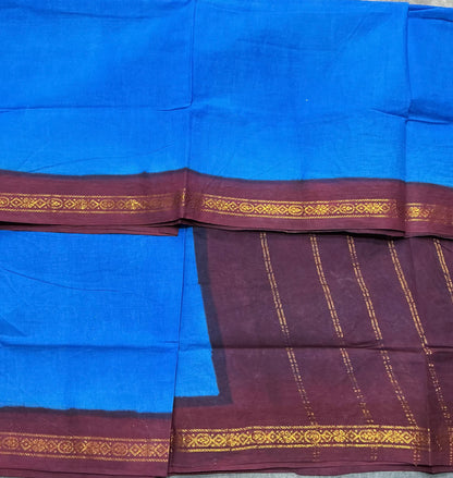 Chettinad Cotton Saree Sky Blue Colour with Brown Colour Border