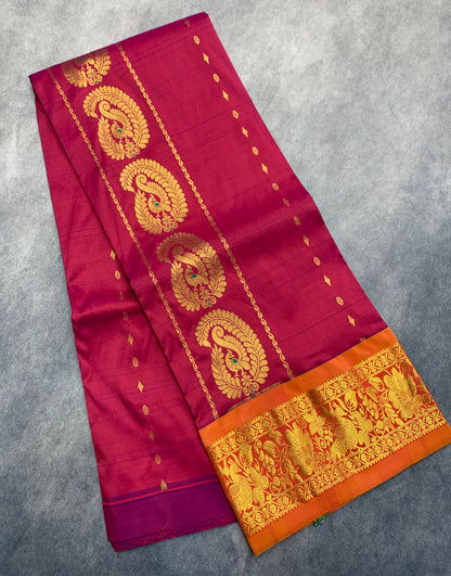 Magenta Pink shade Semi Silk Kids Pattu Pavadai with Contrast border for age above 10 years
