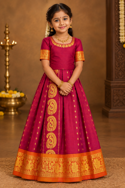 Magenta Pink shade Semi Silk Kids Pattu Pavadai with Contrast border for age above 10 years
