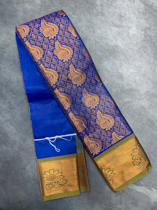 Vegan Silk Saree Blue Colour with Copper and Light Green Border