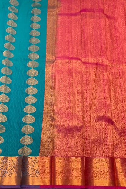 Vegan Silk Saree Rama Green Colour Saree with Copper Border