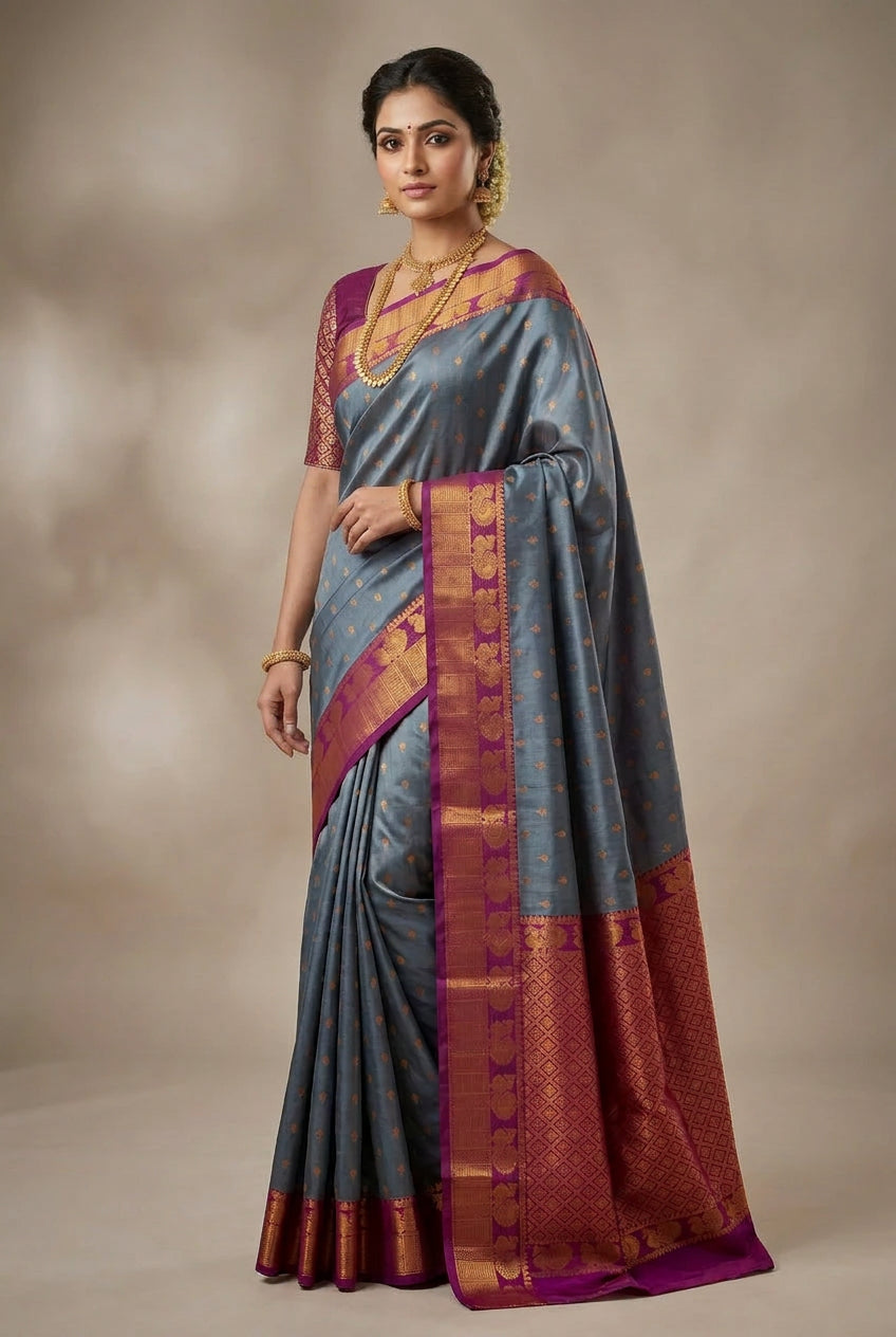 Soft Silk Casual Saree Gray with Magenta Colour Border