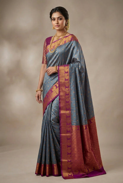 Soft Silk Casual Saree Gray with Magenta Colour Border