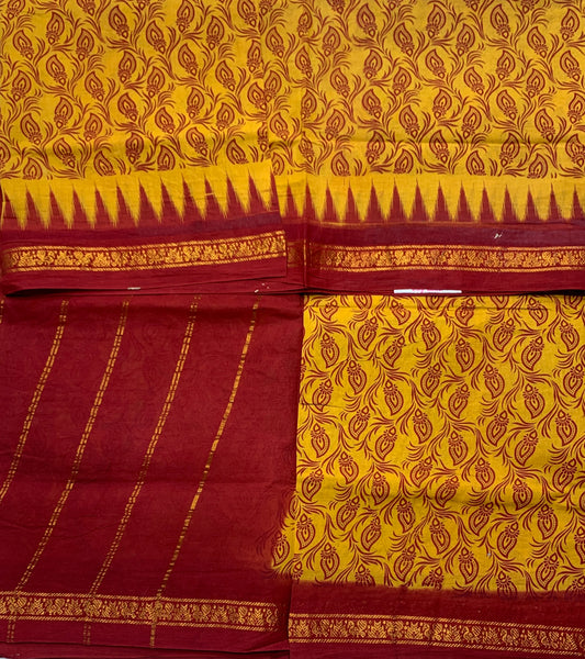 Chettinad Sungudi Cotton Mango Yellow Colour with Maroon Border