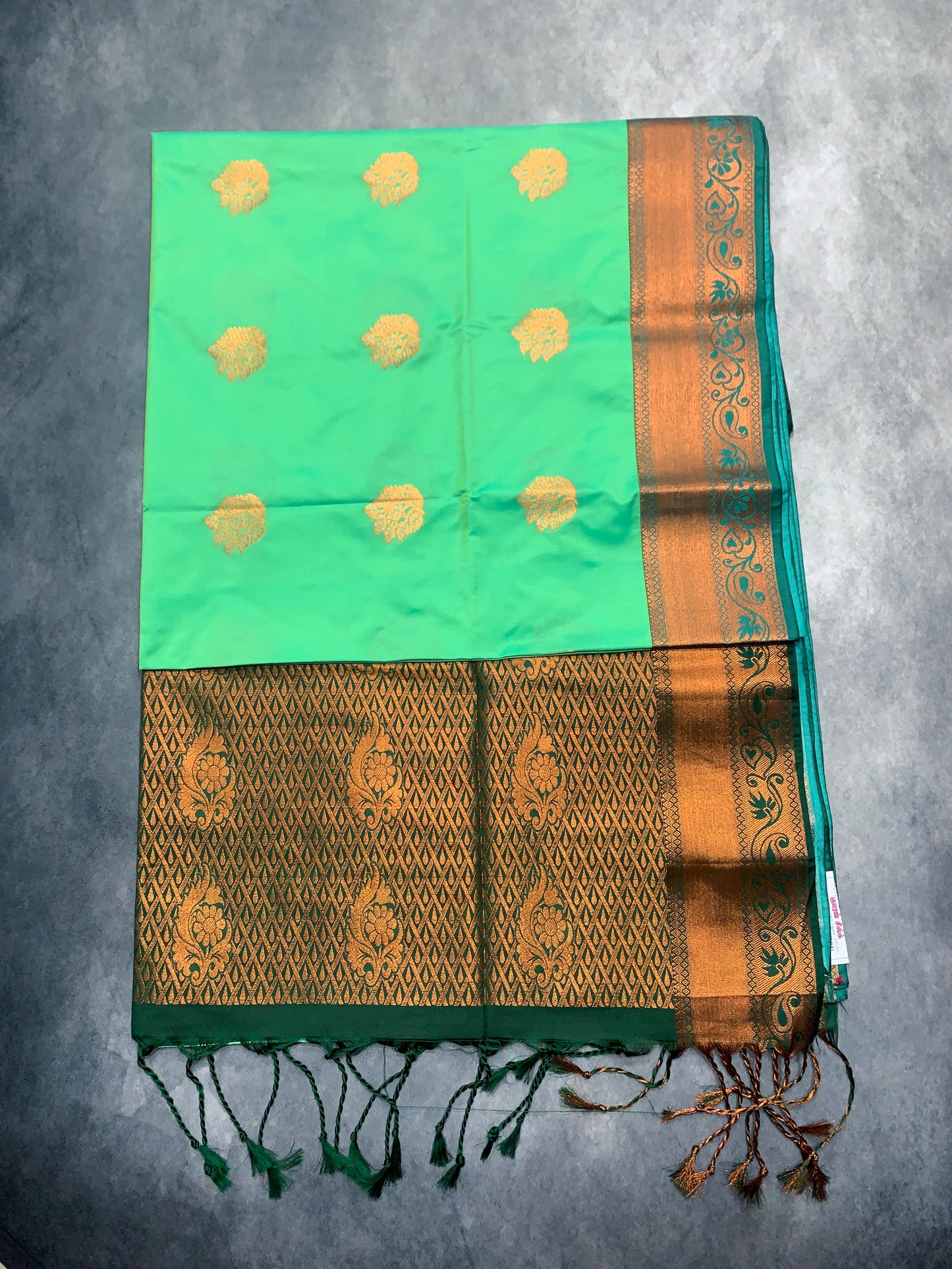 Soft Vegan Silk Saree Light Green Colour with Green and Copper Border