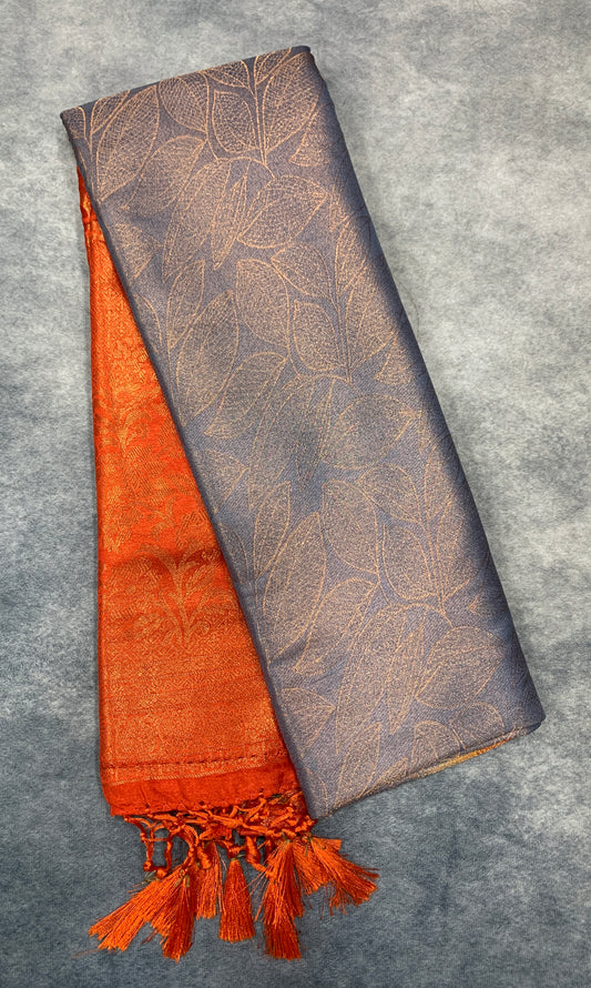 Soft Silk Saree Gray Colour with Orange Colour Pallu