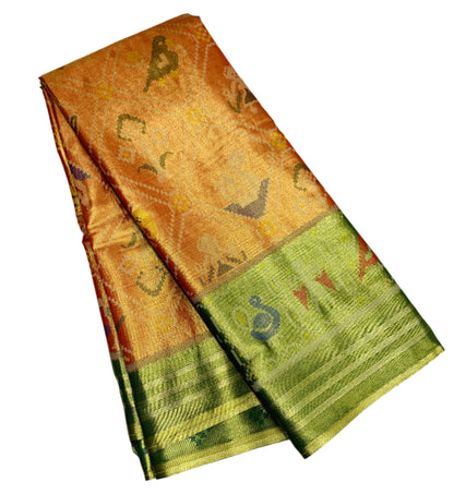 Pochampalli Tissue Silk Saree Golden Orange Colour with Golden Green Border