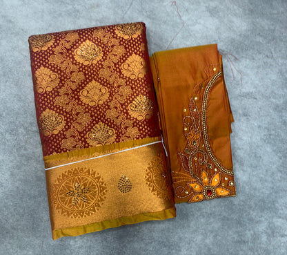 Bridal Vegan Silk Saree Maroon shade with Golden Yellow Border with Unstitched blouse in Aari Work