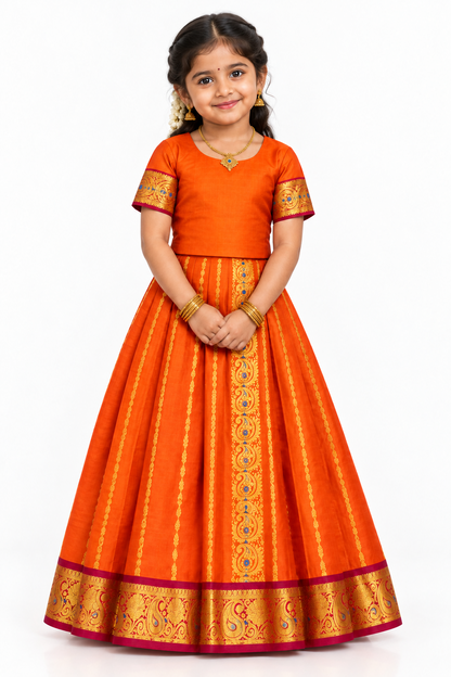 Orange Shade Semi silk Kids Pattu Pavadai with Contrast border for age 5 to 10