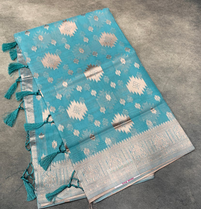 Banaras Katan Saree Sky Blue Colour with Katan Work Border