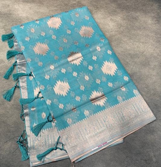 Banaras Katan Saree Sky Blue Colour with Katan Work Border