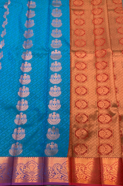 Vegan Silk Saree Blue Colour Saree with Copper and Floral Design