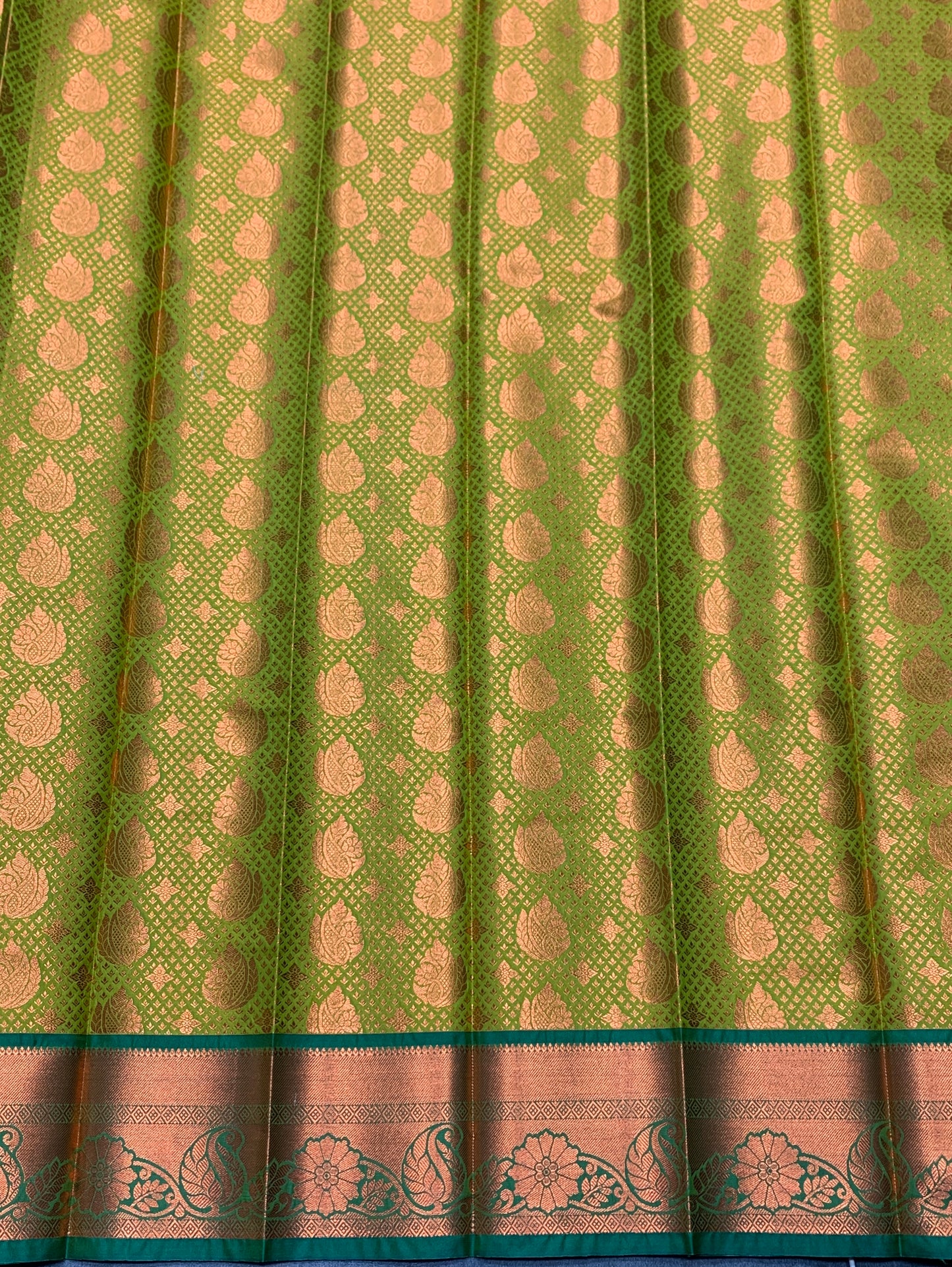 Vegan Silk Saree Lime Green Colour with Green and Copper Border