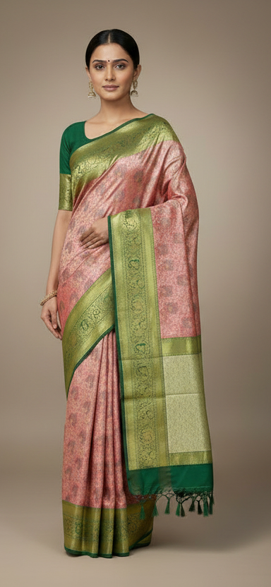 Baby Pink Colour Soft kanchi pattu with Green Border