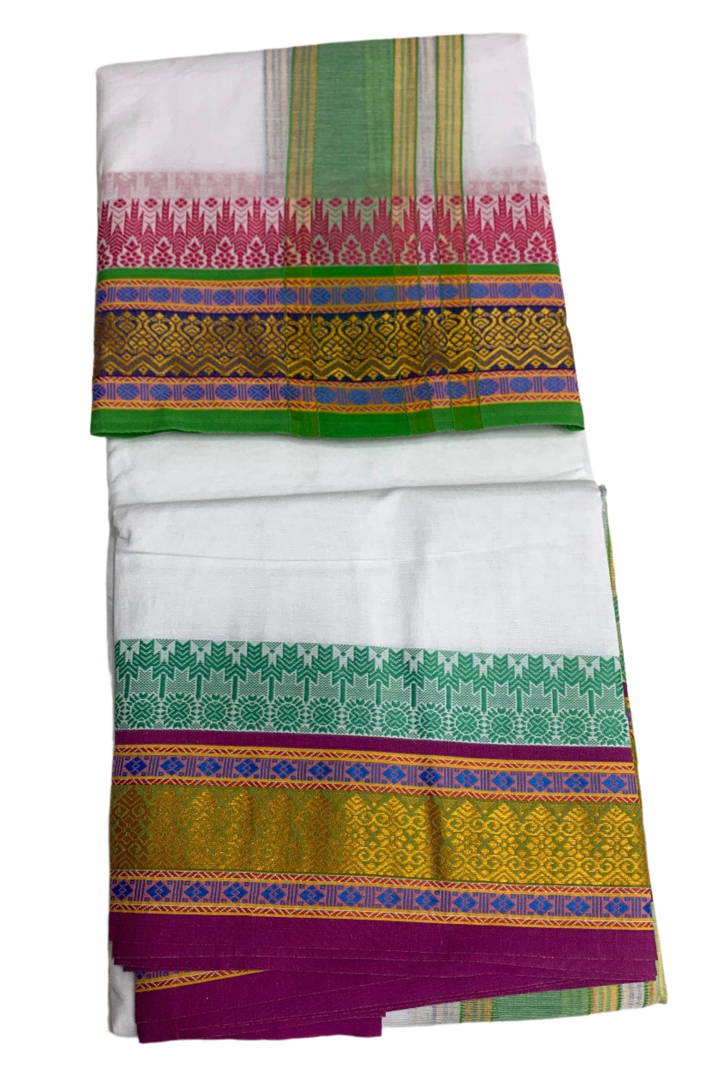 9X5 Cotton Dhoti White Colour with  Light Green Border