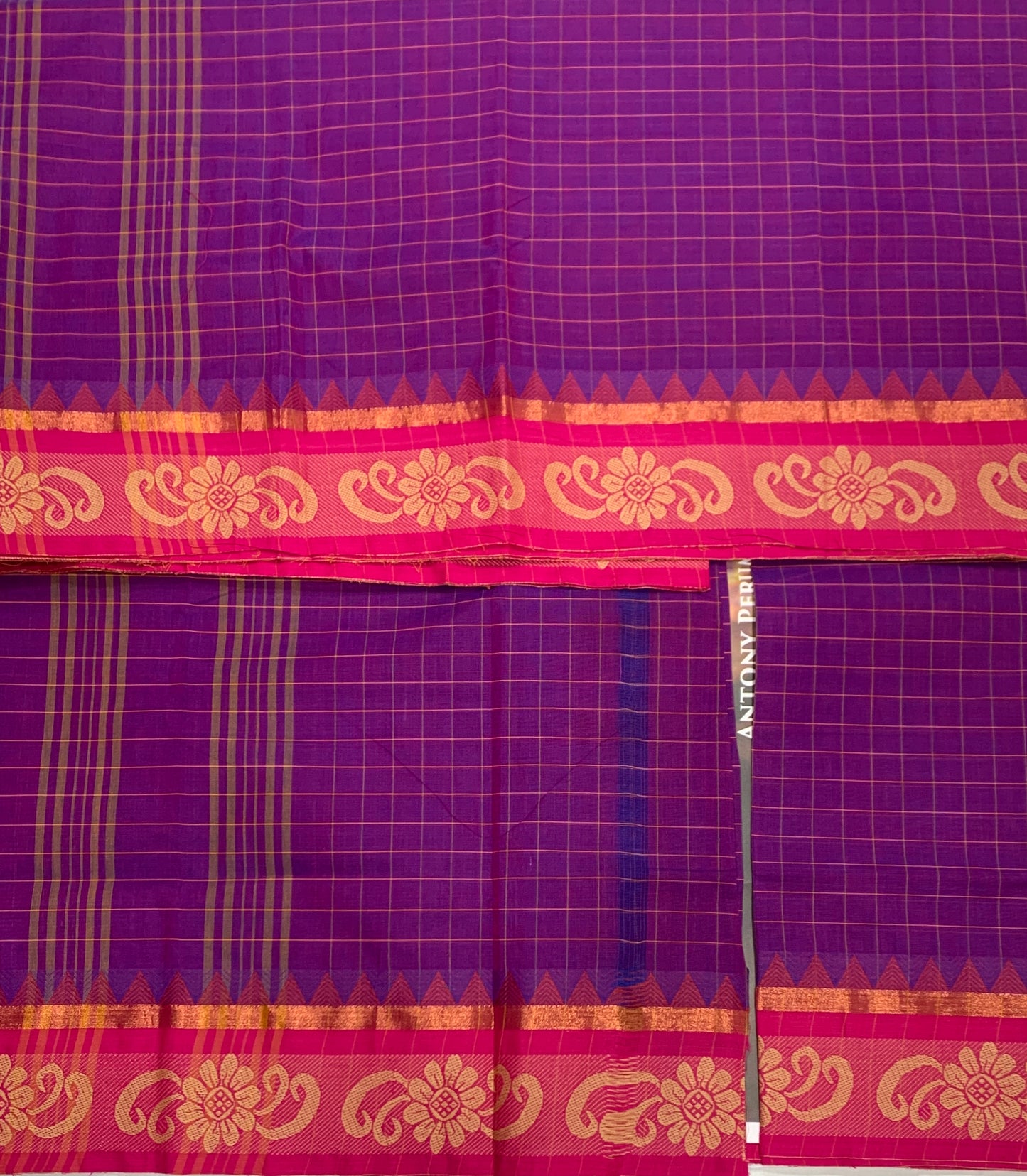 Chettinad Cotton Saree Purple Shade with Pink and Flower Design Border