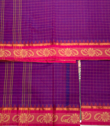 Chettinad Cotton Saree Purple Shade with Pink and Flower Design Border