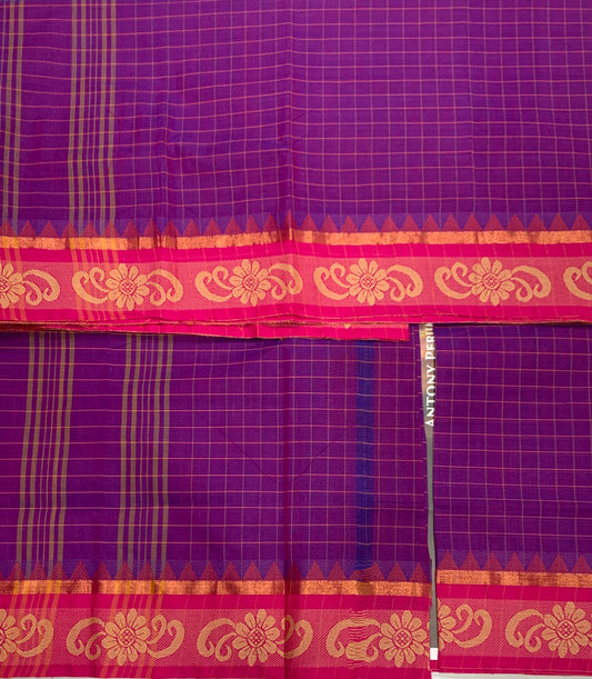 Chettinad Cotton Saree Purple Shade with Pink and Flower Design Border