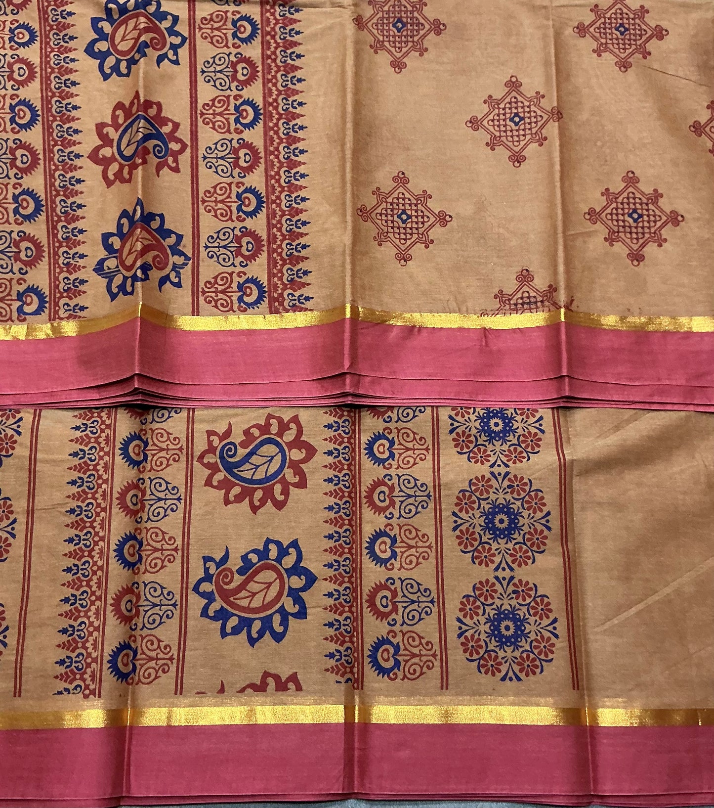 Chettinad Sungudi Cotton Light Honey Brown Colour with Strawberry Red Colour Border
