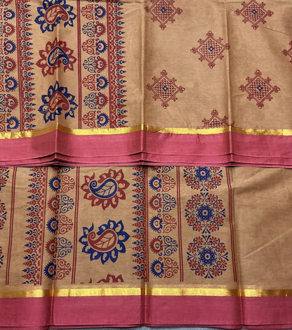 Chettinad Sungudi Cotton Light Honey Brown Colour with Strawberry Red Colour Border