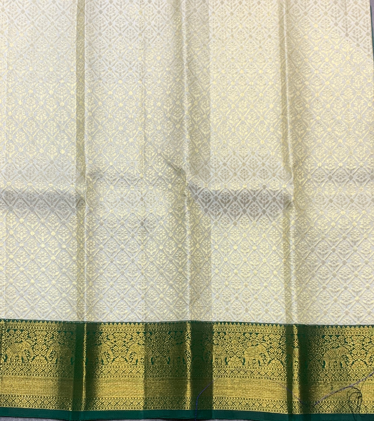 Ivory Shade Pure Kanchipuram Kids Pattu Pavadai with Contrast Border for Newborn to 2 Years