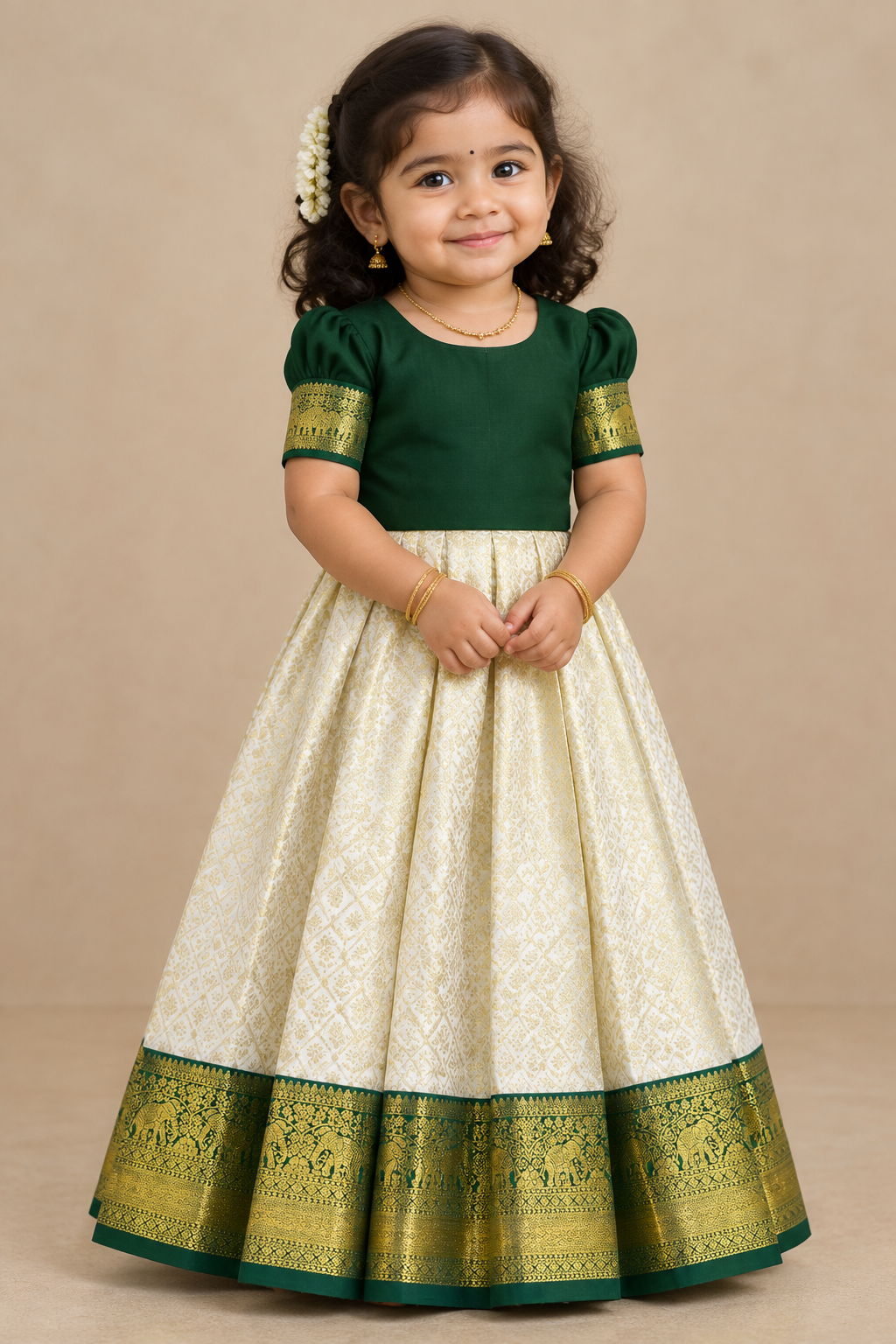 Ivory Shade Pure Kanchipuram Kids Pattu Pavadai with Contrast Border for Newborn to 2 Years
