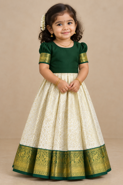 Ivory Shade Pure Kanchipuram Kids Pattu Pavadai with Contrast Border for Newborn to 2 Years
