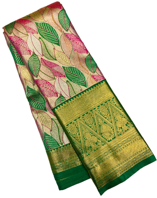 Pink & Green Leaf Soft Kanchi Tissue Pattu Saree with Green border