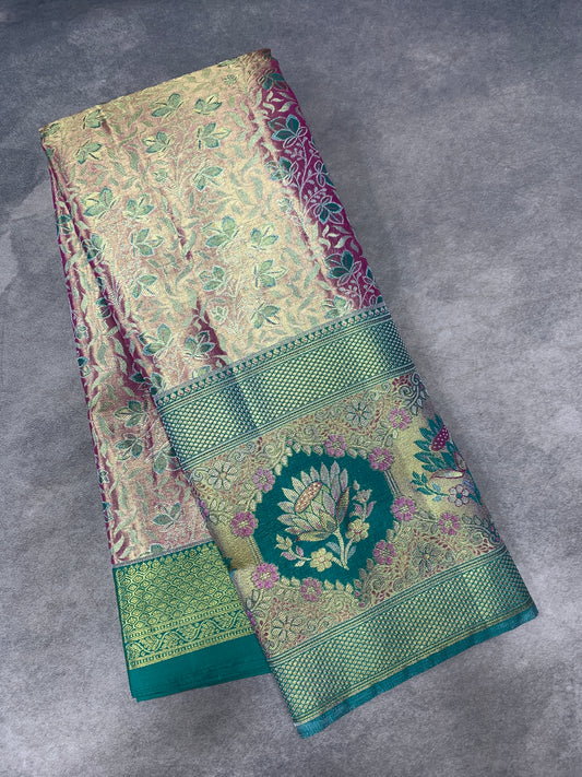 Pinkish Gold Colour Soft Kanchi Tissue Pattu Saree with Sapphire Border