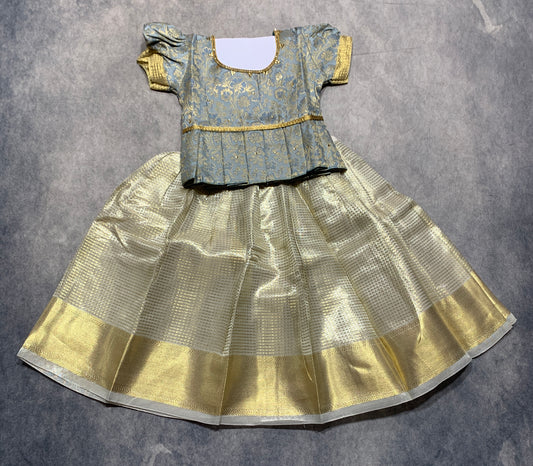 Ready To Wear Golden Colour Pavadai with Contrast Gray Colour Blouse