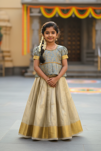 Ready To Wear Golden Colour Pavadai with Contrast Gray Colour Blouse
