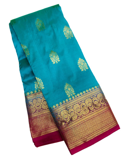 Pure Kanchipuram Silk Saree Blue Colour with Pink Border