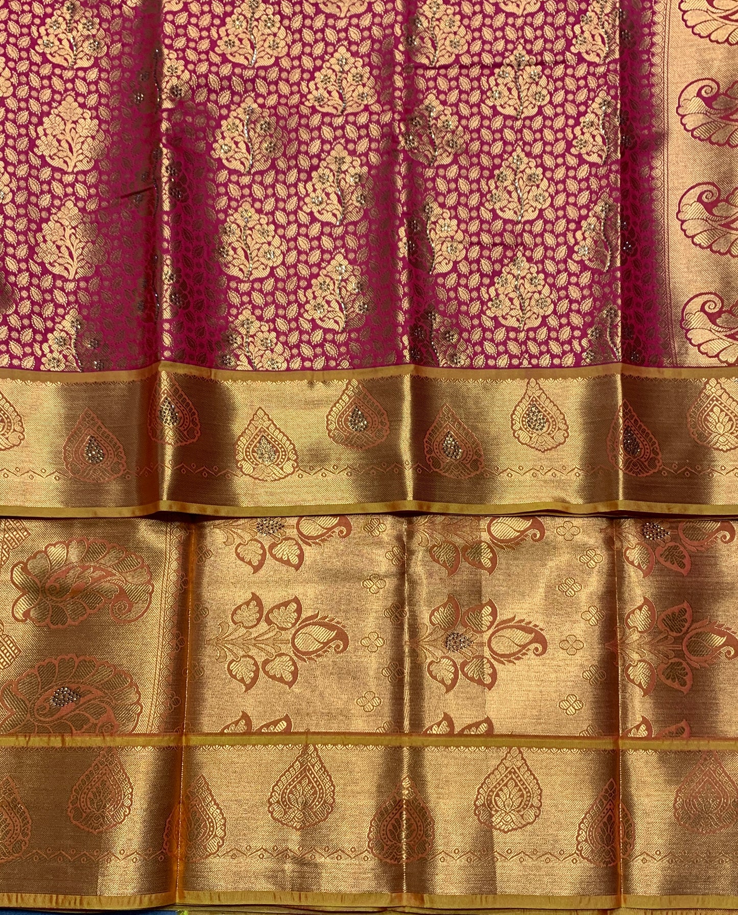 Vegan Silk Saree Redish Pink Colour with Copper and Golden Yellow Border