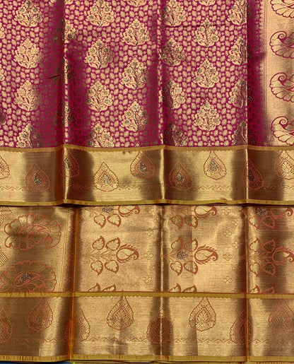 Vegan Silk Saree Redish Pink Colour with Copper and Golden Yellow Border