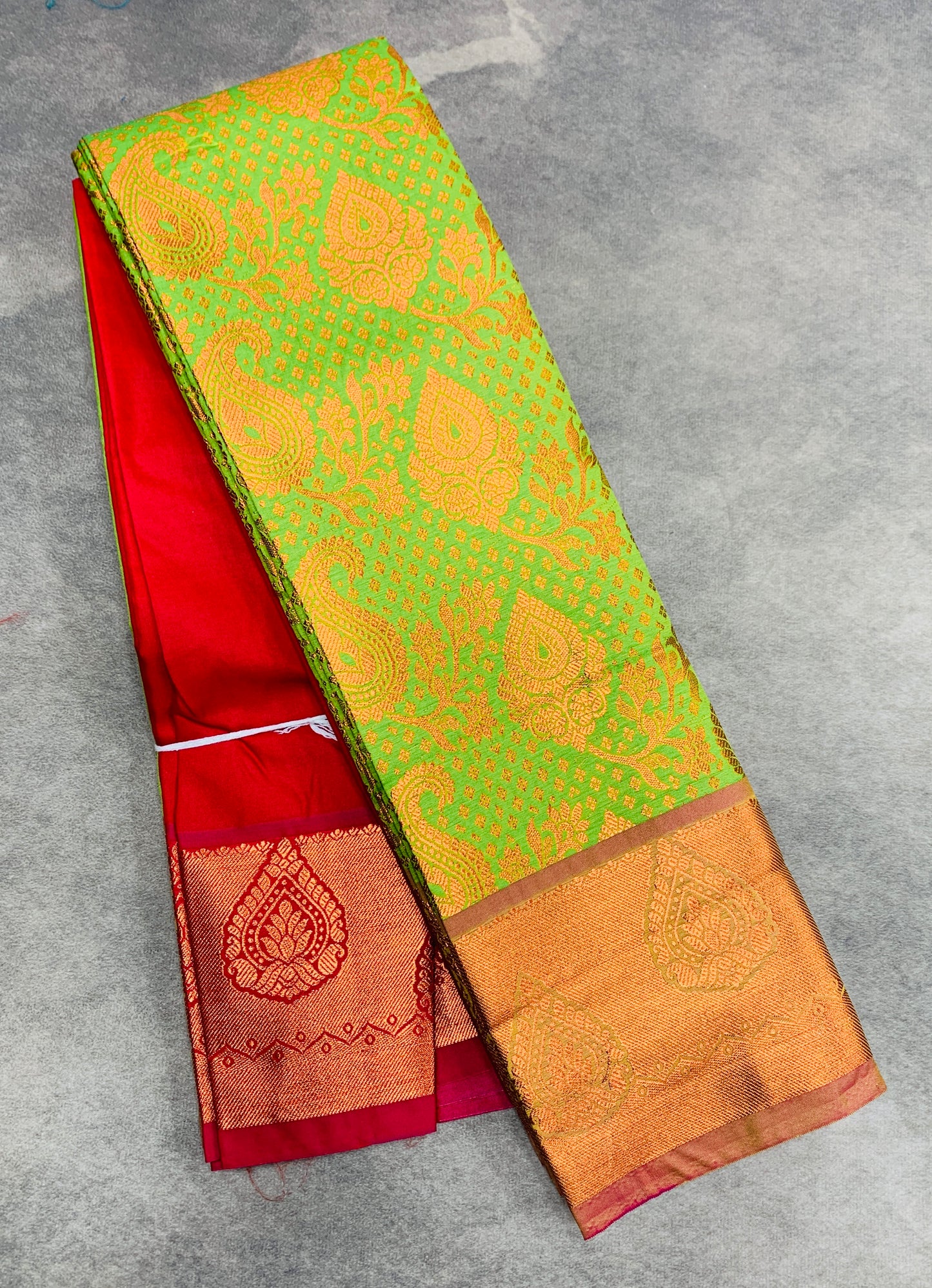 Vegan Silk Saree Light Green Colour with Pink and Copper Border
