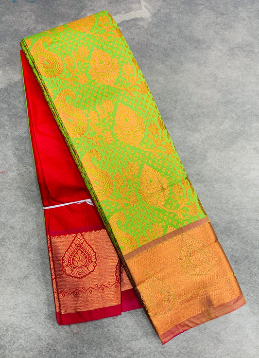 Vegan Silk Saree Light Green Colour with Pink and Copper Border