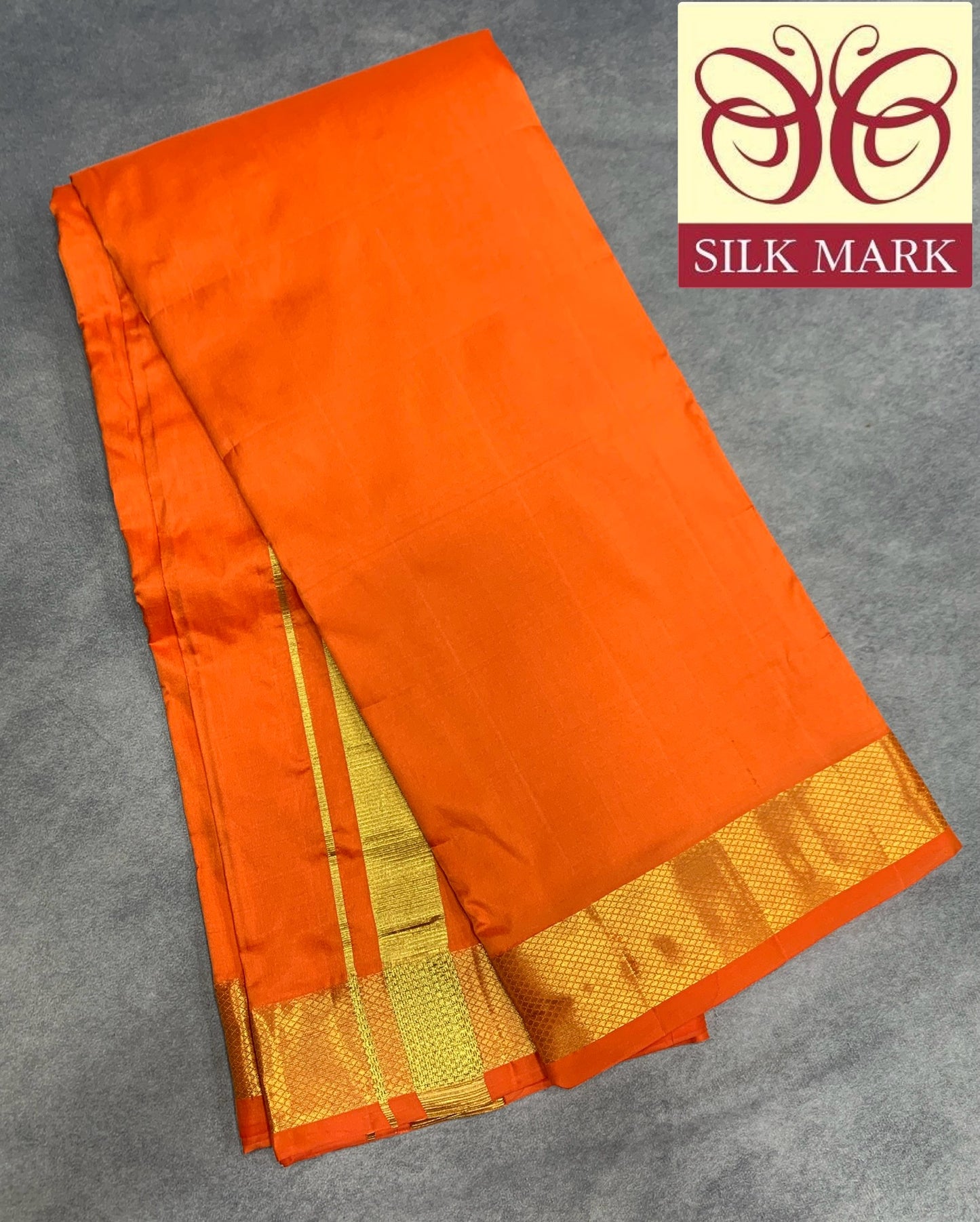 9X5 Pure Silk Dhoti Golden Orange with Large Golden Zari Border