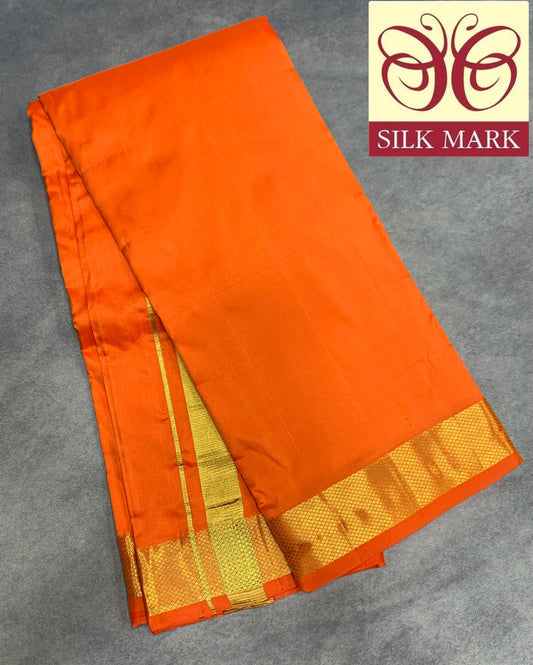 9X5 Pure Silk Dhoti Golden Orange with Large Golden Zari Border
