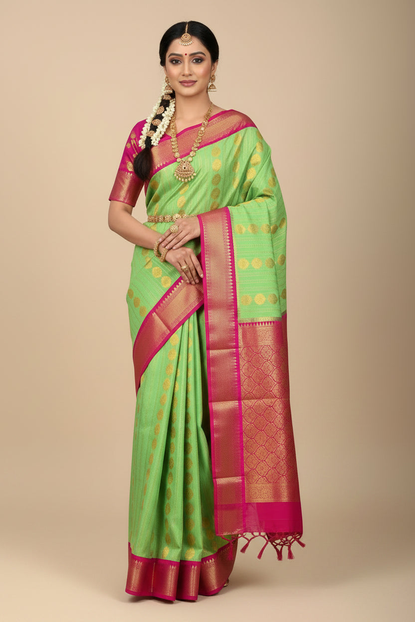 Vegan Silk Saree Pista Green Colour Saree with Pink Colour Contrast Border