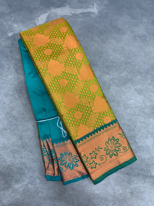 Vegan Silk Saree Lime Green Colour with light Green and Copper Border
