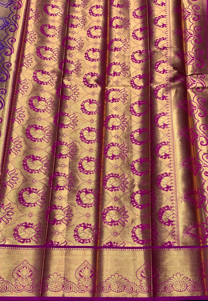 Vegan Silk Saree Blue Colour with Magenta and Copper Border