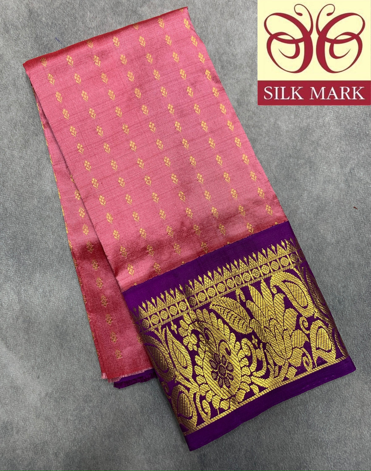 Peach Pink Shade Pure Kanchipuram Kids Pattu Pavadai with Contrast Border for Newborn to 2 Years