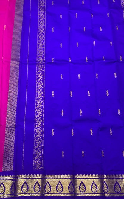 Pure Kanchipuram Silk Saree Pink Colour with Blue and Gold Zari Border